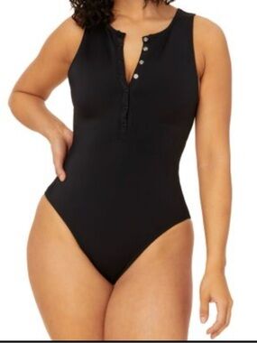 Andie swim Black Malibu snap Henley One-Piece Swimsuit 2XL
